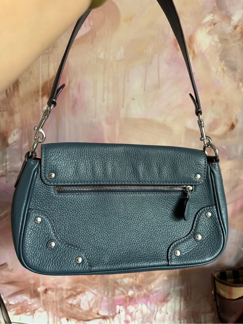 Coach Teal Pebbled Leather Shoulder Bag with Silver Hardware - Picture 6 of 9